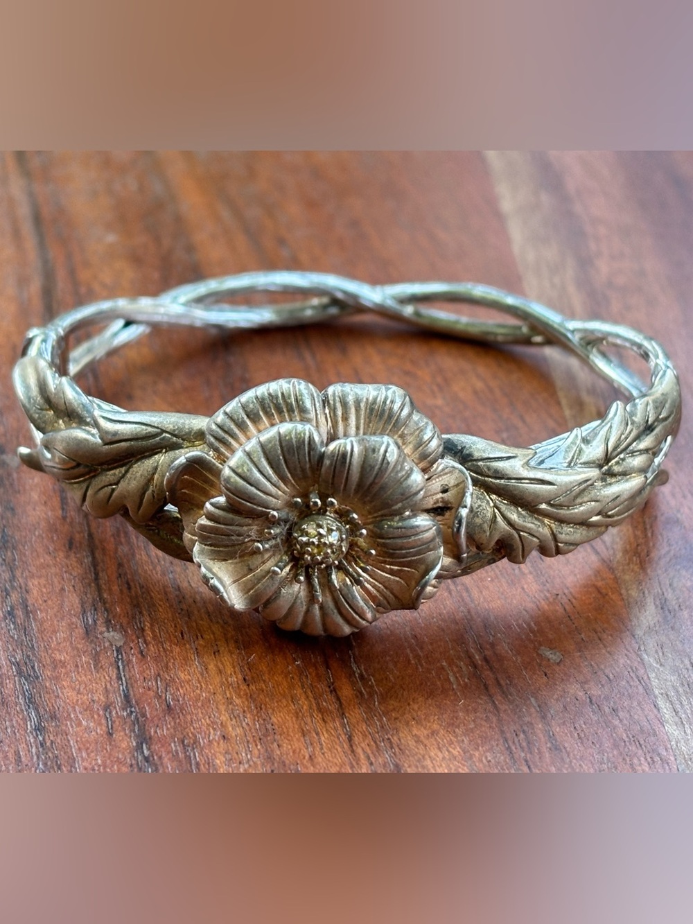 Vintage 925 Sterling Silver Floral Flower Leaf Botanical Statement Bracelet 8”